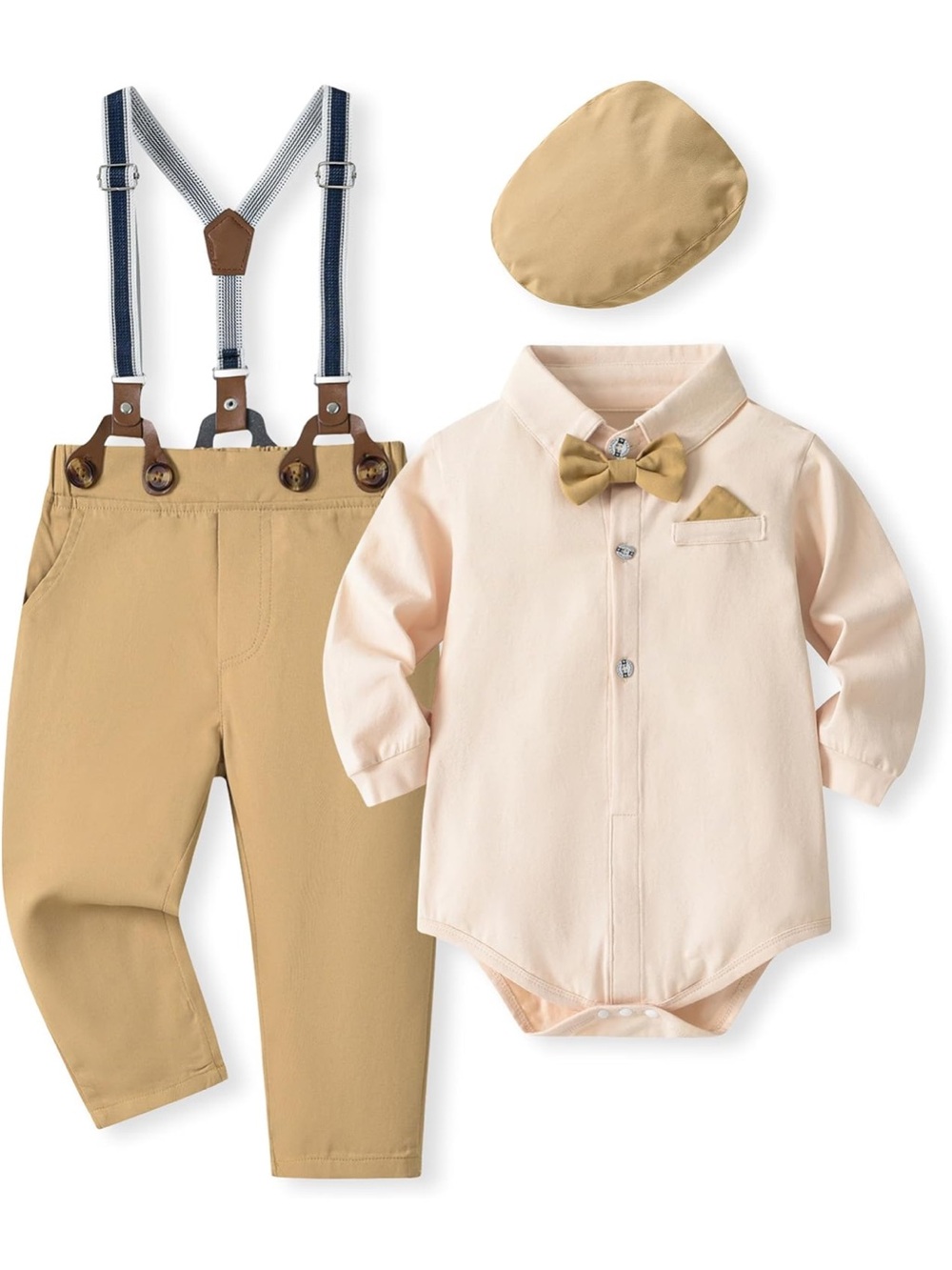 Toddler Beige & Cream Bow Tie Suspender Outfit Set